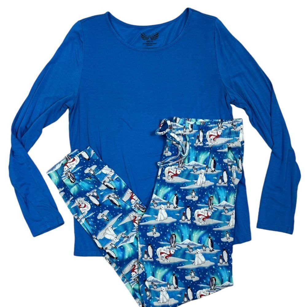Free Birdies Womens Blue Polar Bear Print Comfy Bamboo Long Sleeve Pajama Set